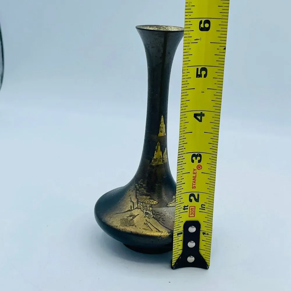 Vintage Japanese Bronze Ikebana Flower Vase Heavy Cast Metal Footed Vessel MCM